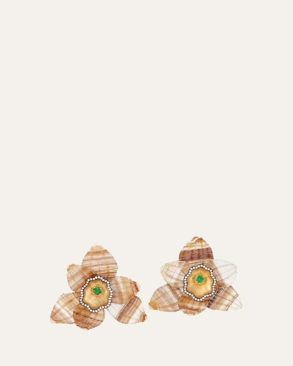 18K Yellow Gold Brown and Beige Horsehair Orchid Earrings with Diamonds and Tsavorite